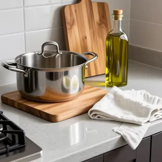 A kitchen counter with a stainless steel pot, a wooden cutti