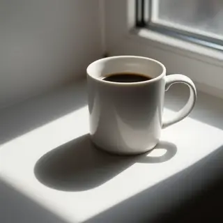 A coffee mug on a sunny windowsill casting a sharp shadow to