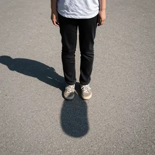 A person standing outdoors at midday with a short shadow dir
