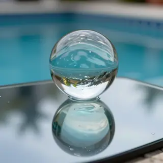 A clear glass sphere sitting on a mirror surface near a pool