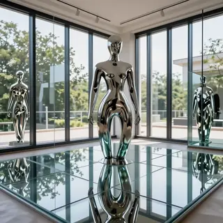 A chrome sculpture in a room with a glass floor and large wi