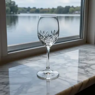A crystal wine glass on a polished marble counter next to a 
