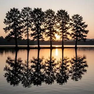 A row of trees reflected in a calm lake at sunset, with the 