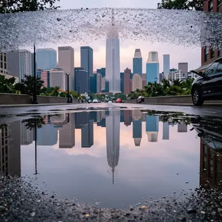 A city skyline reflected in a rain puddle on a street, with 