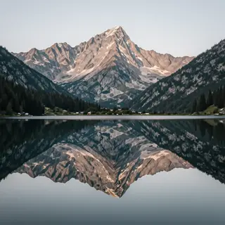 A mountain range reflected in a still alpine lake, with the 