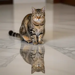 A cat sitting on a polished marble floor with its reflection