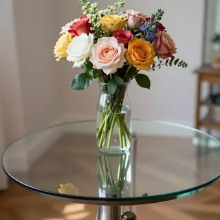 A vase of flowers on a glass table with a clear reflection v