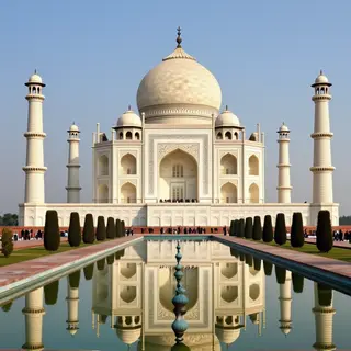 The Taj Mahal in Agra seen from the reflecting pool, with ac