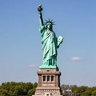 The Statue of Liberty on her island pedestal, with correct t