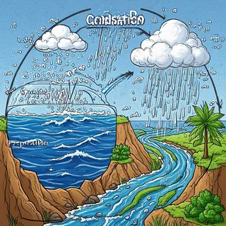 A detailed diagram of the water cycle showing evaporation fr