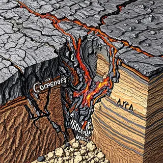 A cross-section showing tectonic plates at a convergent boun
