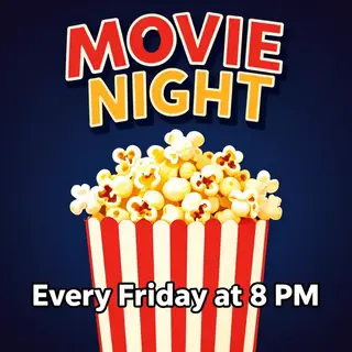 A movie night poster with a large popcorn image in the cente