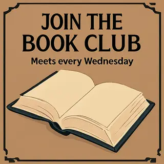 A book club poster with an open book illustration, the title