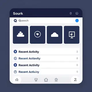 A mobile app UI mockup showing a dashboard with a top naviga