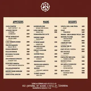 A restaurant menu layout with a logo header, three category 