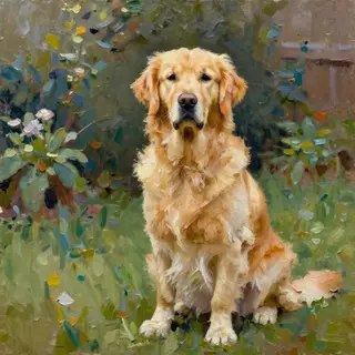 A golden retriever sitting in a garden, painted in the style