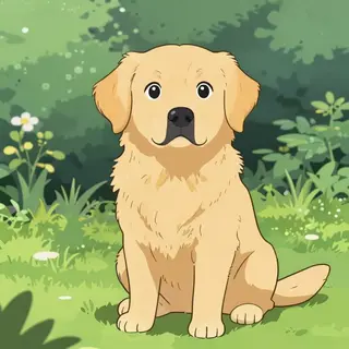 A golden retriever sitting in a garden, rendered in Japanese