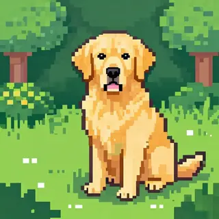 A golden retriever sitting in a garden, rendered in pixel ar