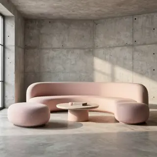 An interior scene rendered in soft brutalism — raw concrete 