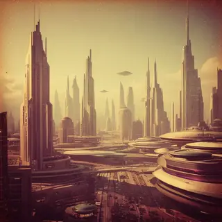 A cityscape rendered in nostalgic futurism — retro-futuristi