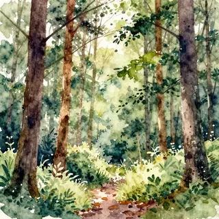 A forest rendered in photorealistic watercolor — the detail 