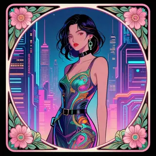 A woman in a futuristic city rendered in cyberpunk Art Nouve