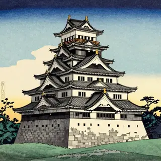 A medieval castle depicted in Japanese ukiyo-e woodblock pri