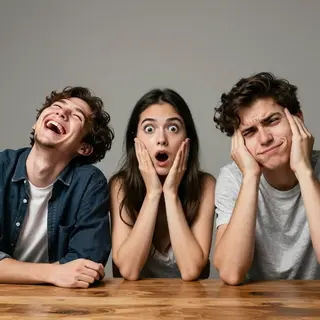 A group of three friends at a table: one laughing with head 
