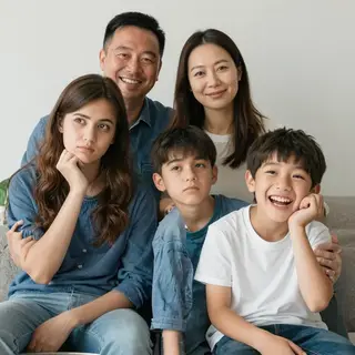 A family photo with four people: a father beaming with pride