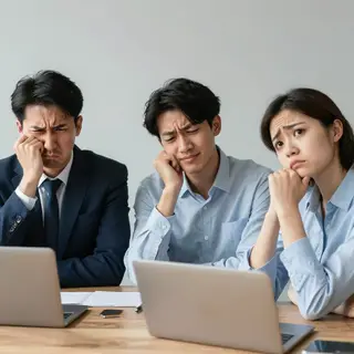 Three coworkers in a meeting: one looking frustrated with fu