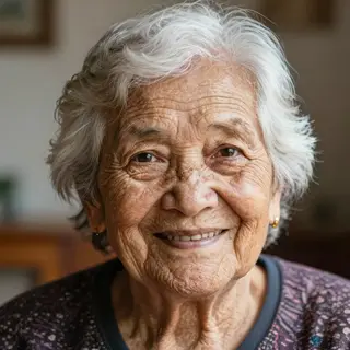An elderly woman in her 80s with deep wrinkles and white hai