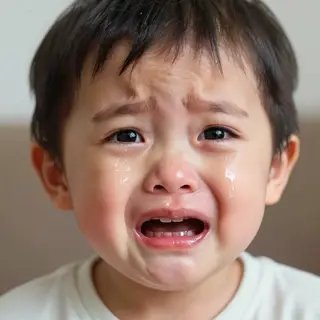 A 5-year-old child with round cheeks and large eyes, crying 