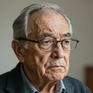 An elderly man in his 70s with age spots and thinning gray h