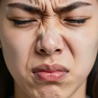 A close-up of a person's face showing clear disgust, nose wr