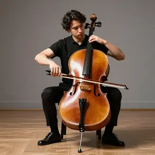 A cellist seated with correct posture, legs around the instr