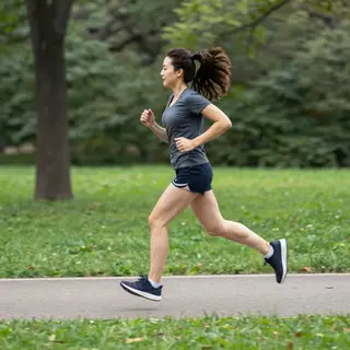 A woman mid-stride running through a park, hair and clothes 