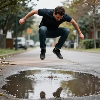 A man captured mid-jump over a puddle, body in the air with 