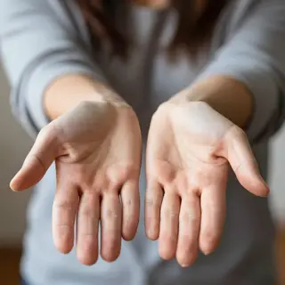 A woman holding her hands out in front of her palms-up, all 