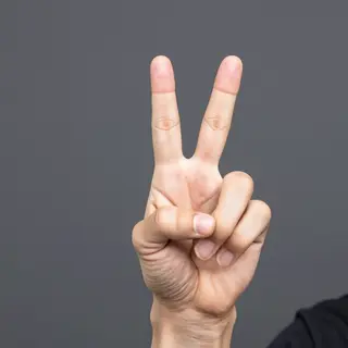 A person making a peace sign with their right hand, clearly 