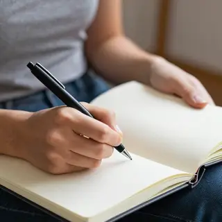A woman writing in a notebook with a pen gripped correctly i