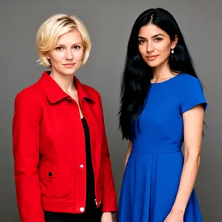 Two women standing side by side: one with short blonde hair 