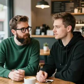 Two men at a cafe: one with a beard and glasses wearing a gr