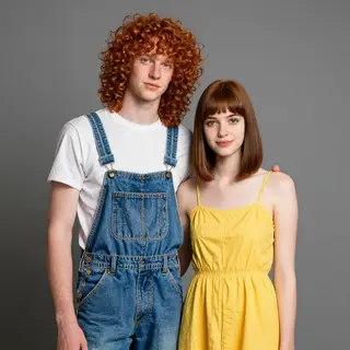 Two friends posing: one tall with curly red hair in denim ov