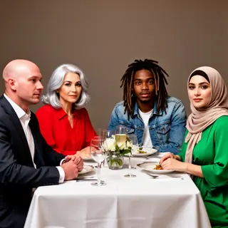 Four people at a dinner table: a bald man in a suit, a woman