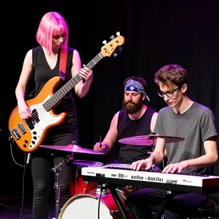 Three musicians on stage: a tall woman with short pink hair 