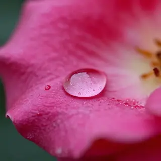 A close-up macro shot of a single dewdrop on a rose petal, s