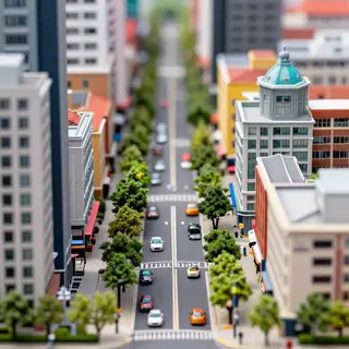 A tilt-shift photograph of a city street making real-life lo