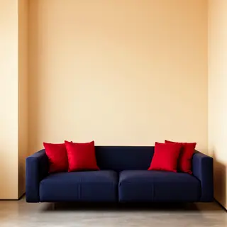 A minimalist room with walls in #F5E6CC (warm cream), a sofa