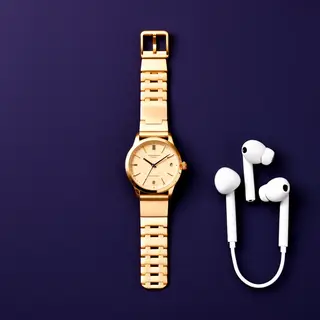 A product flat-lay on a #1A1A2E (deep dark blue) background,