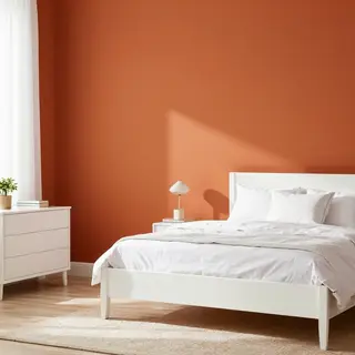 A bedroom wall painted in #FF6B35 (burnt orange) with white 